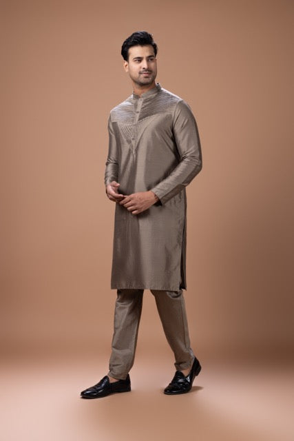 Metalic Fawn Pleated Stylish Kurta With Pajama Set