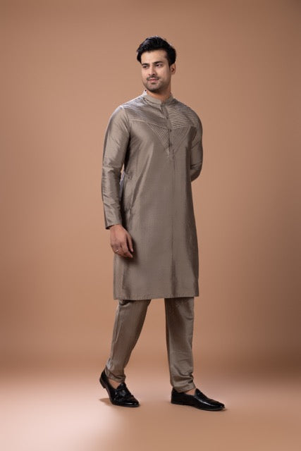 Metalic Fawn Pleated Stylish Kurta With Pajama Set