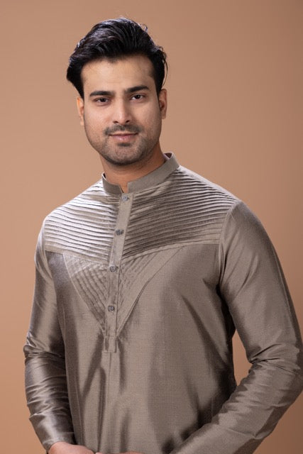 Metalic Fawn Pleated Stylish Kurta With Pajama Set