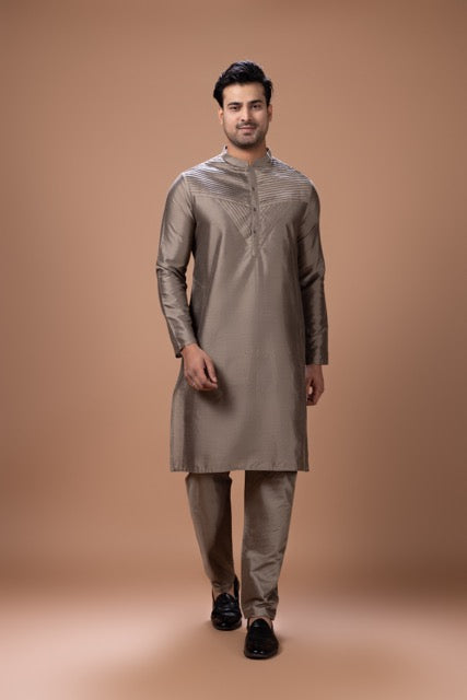 Metalic Fawn Pleated Stylish Kurta With Pajama Set
