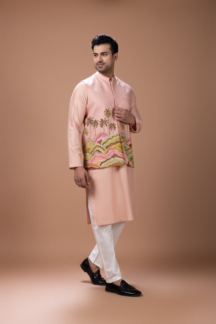 Onion Pink Kurta With Hand Foam Painted Scenry With Hand Embroidery On Bundi Jacket With Pajama Set
