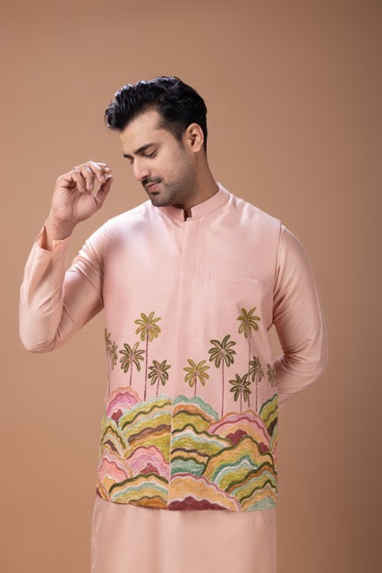 Onion Pink Kurta With Hand Foam Painted Scenry With Hand Embroidery On Bundi Jacket With Pajama Set