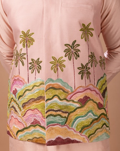 Onion Pink Kurta With Hand Foam Painted Scenry With Hand Embroidery On Bundi Jacket With Pajama Set