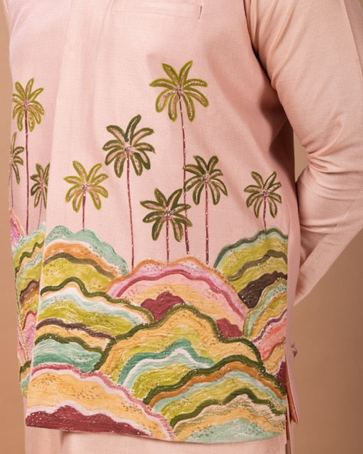 Onion Pink Kurta With Hand Foam Painted Scenry With Hand Embroidery On Bundi Jacket With Pajama Set