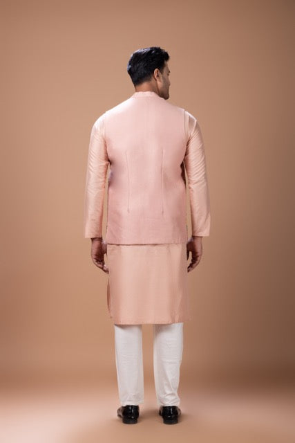 Onion Pink Kurta With Hand Foam Painted Scenry With Hand Embroidery On Bundi Jacket With Pajama Set