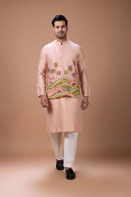 Onion Pink Kurta With Hand Foam Painted Scenry With Hand Embroidery On Bundi Jacket With Pajama Set