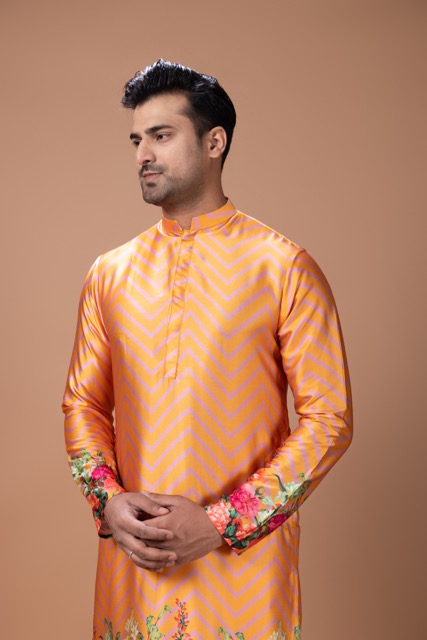 Orange Zigzag Flower Printed Kurta With Pajama Set