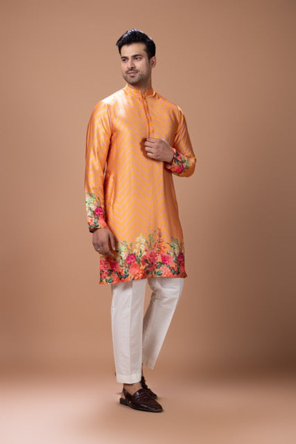 Orange Zigzag Flower Printed Kurta With Pajama Set