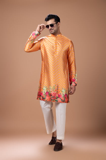 Orange Zigzag Flower Printed Kurta With Pajama Set