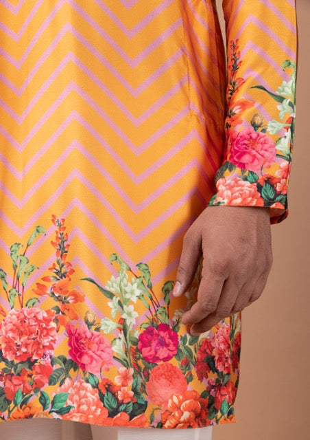 Orange Zigzag Flower Printed Kurta With Pajama Set