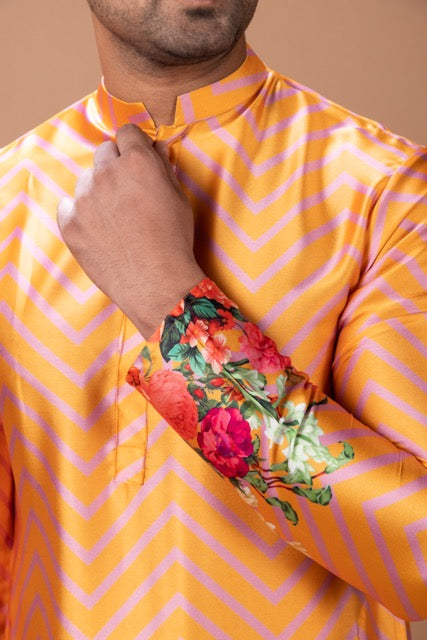 Orange Zigzag Flower Printed Kurta With Pajama Set