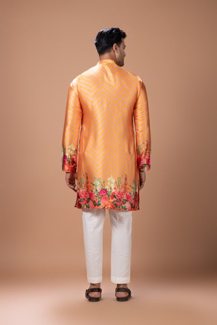 Orange Zigzag Flower Printed Kurta With Pajama Set