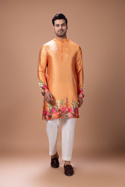 Orange Zigzag Flower Printed Kurta With Pajama Set
