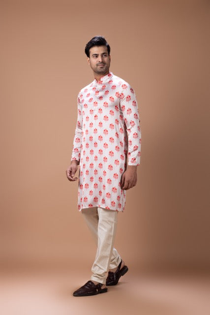 Red And Cream Flower Printed Kurta With Pajama Set