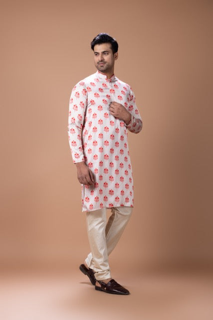 Red And Cream Flower Printed Kurta With Pajama Set
