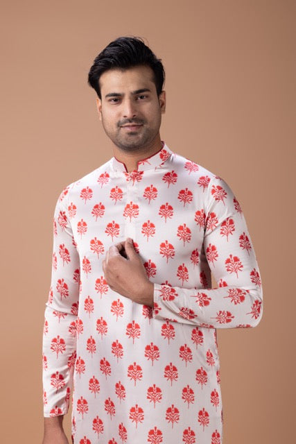 Red And Cream Flower Printed Kurta With Pajama Set