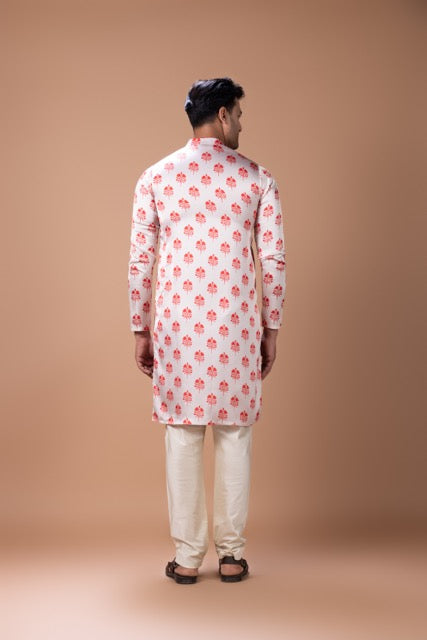 Red And Cream Flower Printed Kurta With Pajama Set