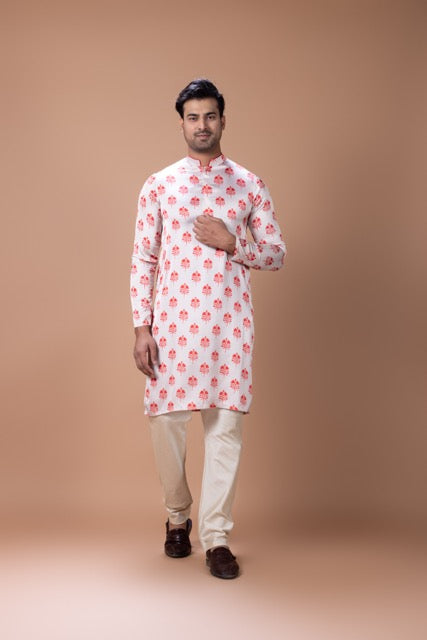 Red And Cream Flower Printed Kurta With Pajama Set