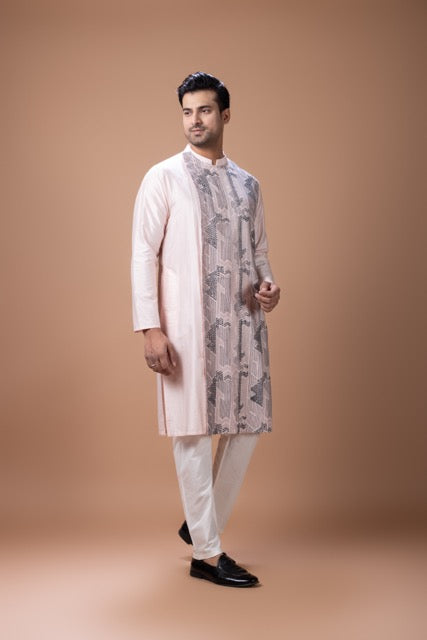 Powder Pink Side Front Open Heavy Thread And Hand Embroidery On Kurta With Pajama Set