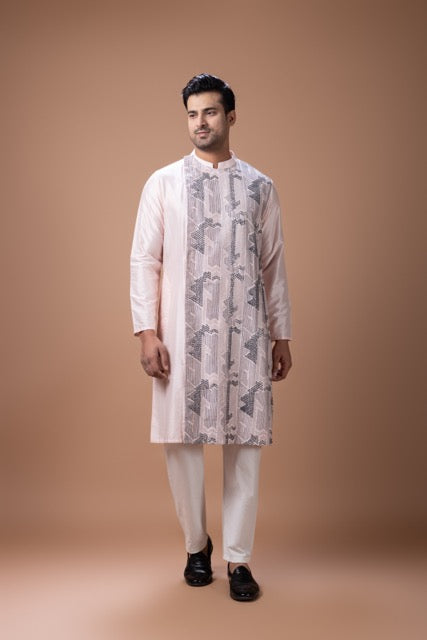Powder Pink Side Front Open Heavy Thread And Hand Embroidery On Kurta With Pajama Set