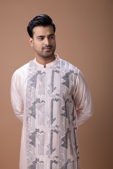 Powder Pink Side Front Open Heavy Thread And Hand Embroidery On Kurta With Pajama Set