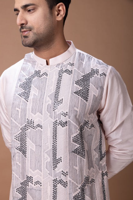 Powder Pink Side Front Open Heavy Thread And Hand Embroidery On Kurta With Pajama Set
