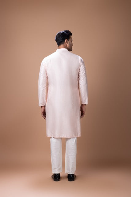 Powder Pink Side Front Open Heavy Thread And Hand Embroidery On Kurta With Pajama Set