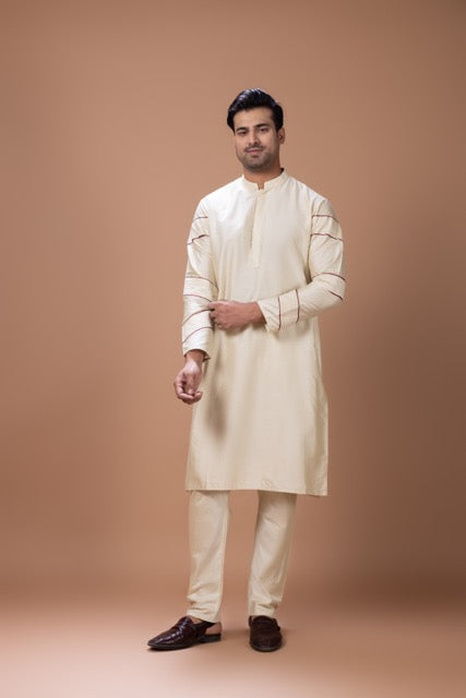 Beidge Pleated In Hand Stylish Kurta With Pajama Set