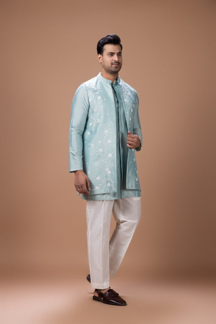 Aqua Blue Front Open Pintux Kurta Hand Foam Painted Flower With Pearls Hand Embroidered Long Open Jacket With Pajama Set
