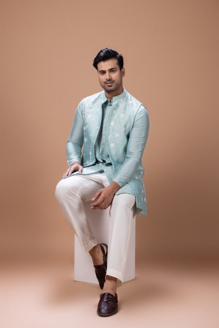 Aqua Blue Front Open Pintux Kurta Hand Foam Painted Flower With Pearls Hand Embroidered Long Open Jacket With Pajama Set