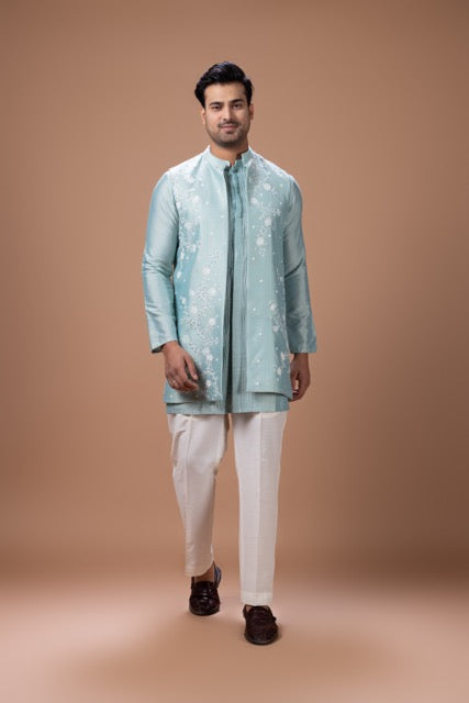 Aqua Blue Front Open Pintux Kurta Hand Foam Painted Flower With Pearls Hand Embroidered Long Open Jacket With Pajama Set
