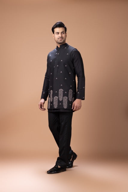 Black Front Open Kurta With Fine Thread And Hand Embroidered Boota Work In Front Of Bundi Jacket With Pant Set
