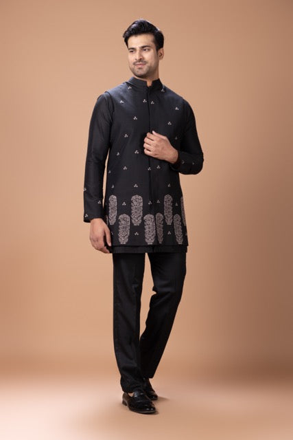 Black Front Open Kurta With Fine Thread And Hand Embroidered Boota Work In Front Of Bundi Jacket With Pant Set