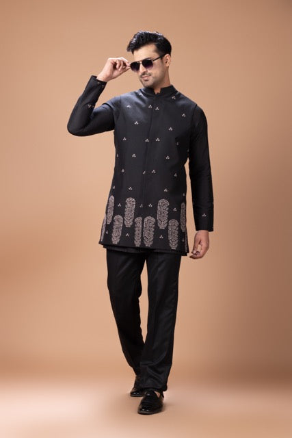 Black Front Open Kurta With Fine Thread And Hand Embroidered Boota Work In Front Of Bundi Jacket With Pant Set