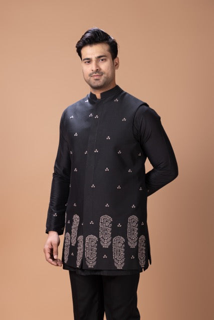 Black Front Open Kurta With Fine Thread And Hand Embroidered Boota Work In Front Of Bundi Jacket With Pant Set