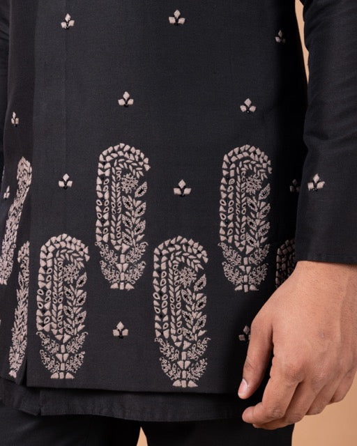 Black Front Open Kurta With Fine Thread And Hand Embroidered Boota Work In Front Of Bundi Jacket With Pant Set
