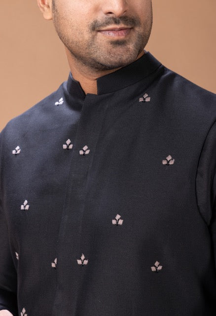 Black Front Open Kurta With Fine Thread And Hand Embroidered Boota Work In Front Of Bundi Jacket With Pant Set