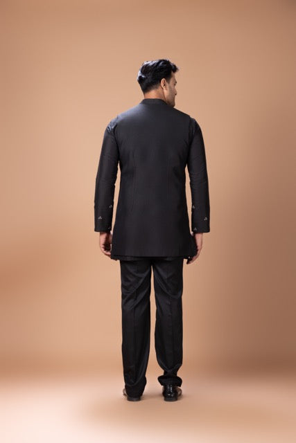 Black Front Open Kurta With Fine Thread And Hand Embroidered Boota Work In Front Of Bundi Jacket With Pant Set