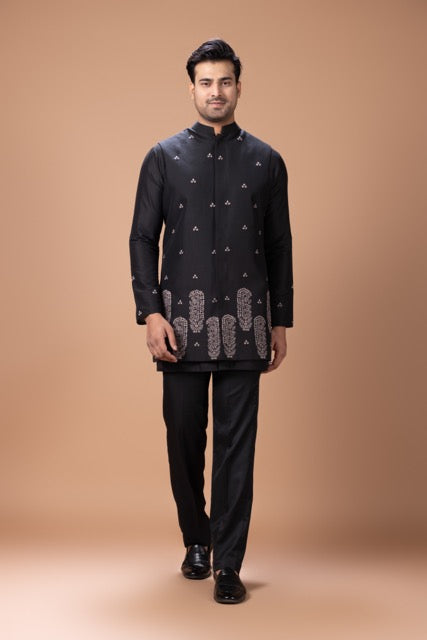 Black Front Open Kurta With Fine Thread And Hand Embroidered Boota Work In Front Of Bundi Jacket With Pant Set