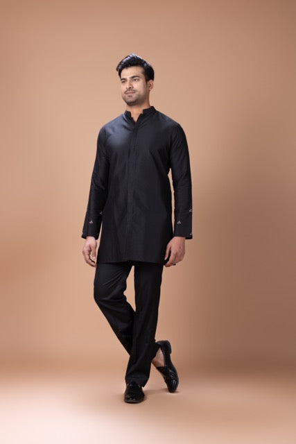 Black Kurta With Heavy Cord And Hand Embroidere In Front Of Bundi Jacket With Pajama Set