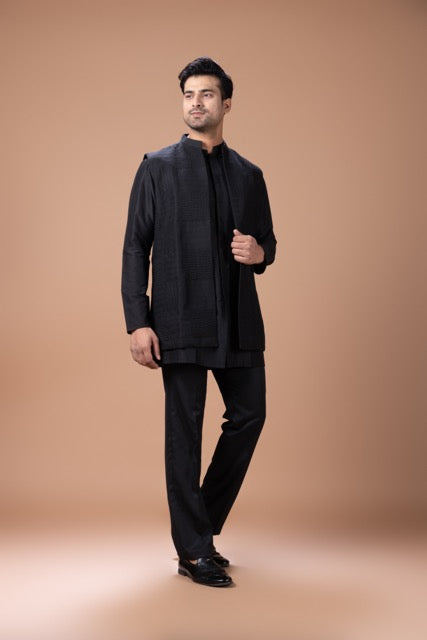 Black Front Open Kurta With Box Cord Embroidered In Front Open Indo Western Long Jacket With Pant Set