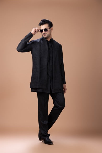 Black Front Open Kurta With Box Cord Embroidered In Front Open Indo Western Long Jacket With Pant Set