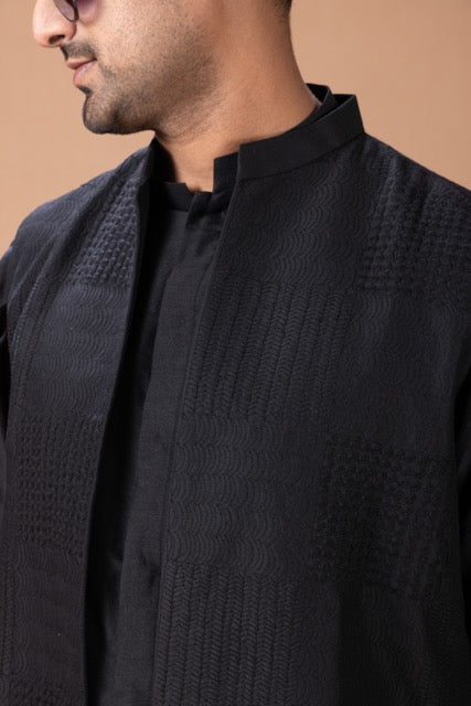 Black Front Open Kurta With Box Cord Embroidered In Front Open Indo Western Long Jacket With Pant Set
