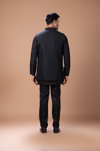 Black Front Open Kurta With Box Cord Embroidered In Front Open Indo Western Long Jacket With Pant Set