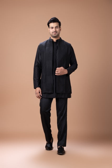 Black Front Open Kurta With Box Cord Embroidered In Front Open Indo Western Long Jacket With Pant Set