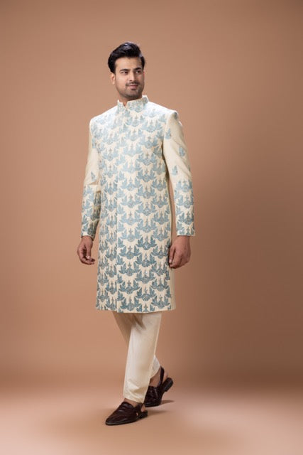Beidge Heavy Wings Thread And Hand Embroidery Sherwani With Pajama Set
