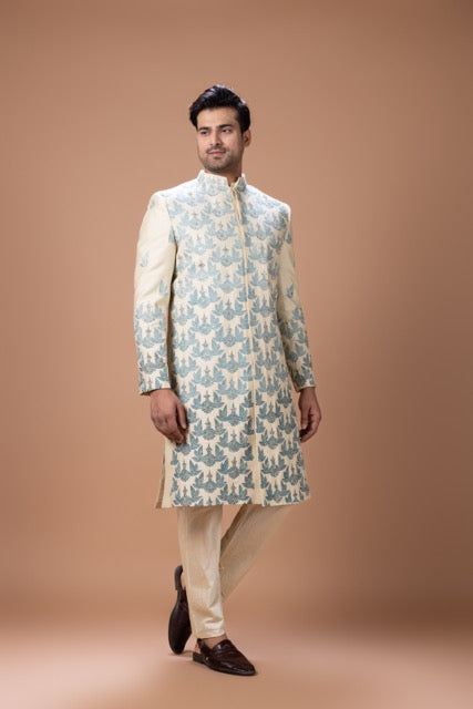 Beidge Heavy Wings Thread And Hand Embroidery Sherwani With Pajama Set