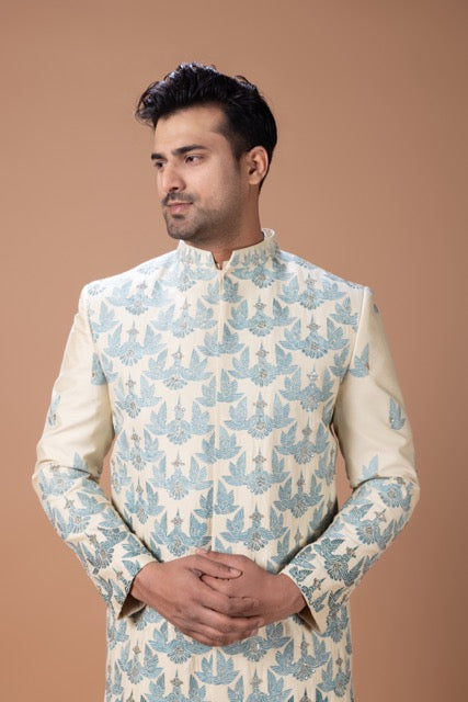 Beidge Heavy Wings Thread And Hand Embroidery Sherwani With Pajama Set