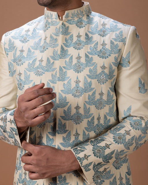 Beidge Heavy Wings Thread And Hand Embroidery Sherwani With Pajama Set