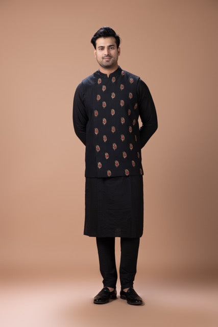 Black Kurta With Jardosi Hand Embroidery And Pintux Stylish Bundi Jacket With Pajama Set